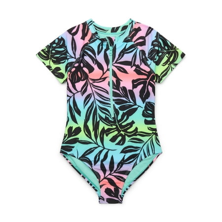 Wonder Nation Girls Short Sleeve Zip-Up Rash Guard One-Piece Swimsuit with UPF 50  Sizes 4-18 & Plus