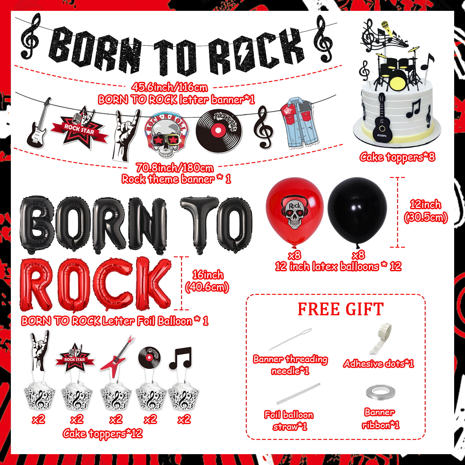 Born to Rock Red Black Party Decoration Glitter Banner Rock Star Guitar  Garland Skull Red Lip Balloon Set Music Cake Topper for Birthday Retro  Carnival Rock N Roll Party Supplies 