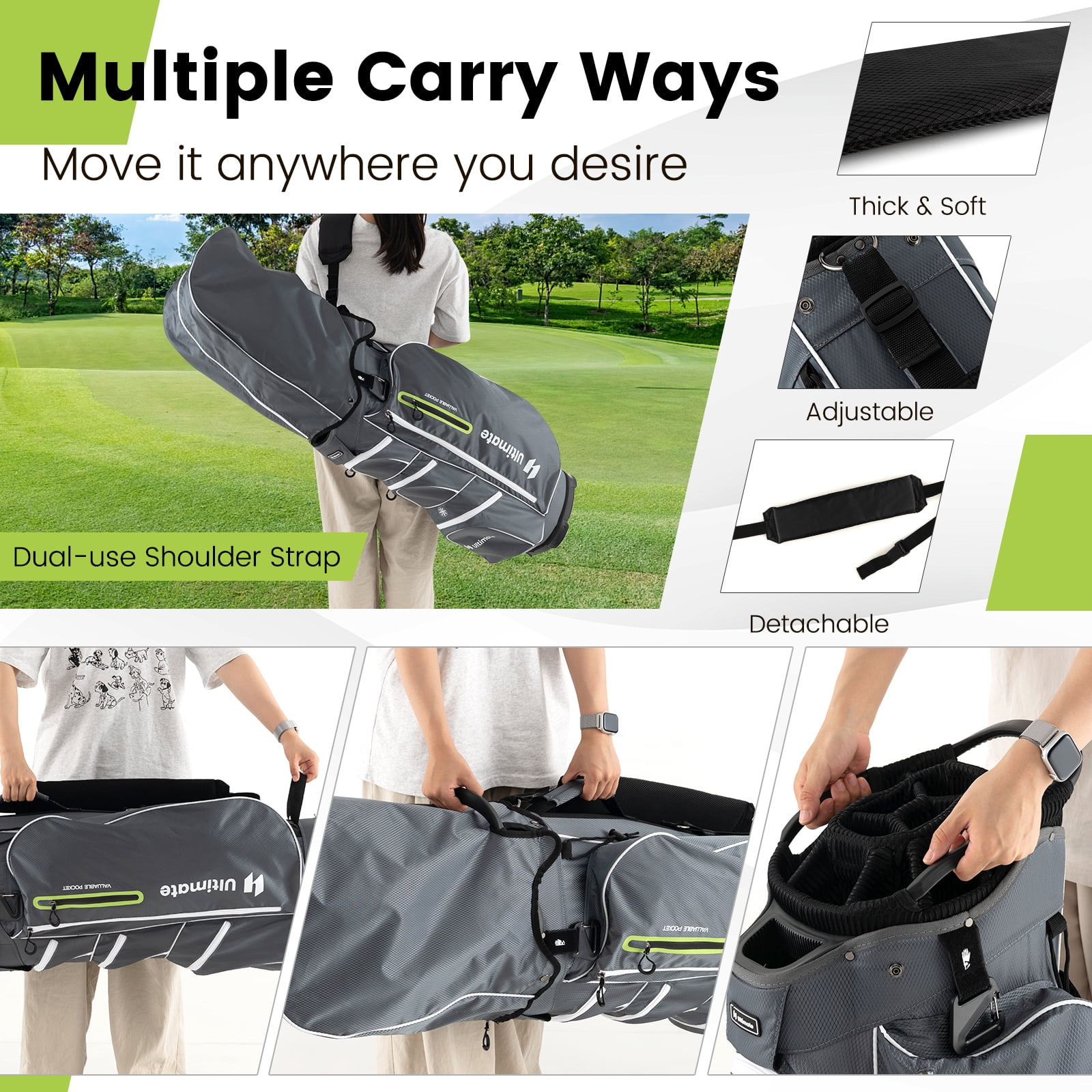 Topbuy 15-Way Golf Cart Bag Golf Club Bag with 15 Ways Organizer Divider Top 7 Zippered Pockets Cooler Bag Umbrella Holder Rain Hood Grey + Green