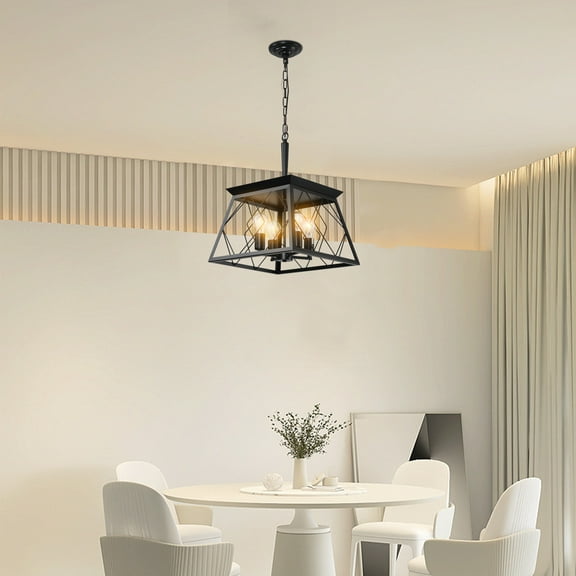 Dining Room Chandeliers (Same as W1340111203/L1009) 16" Black Industrial 4-Light Pendant Chandelier, Modern Metal Cage Design, Adjustable Hanging Light for Dining Room, Kitchen, Living Room (No Bulbs
