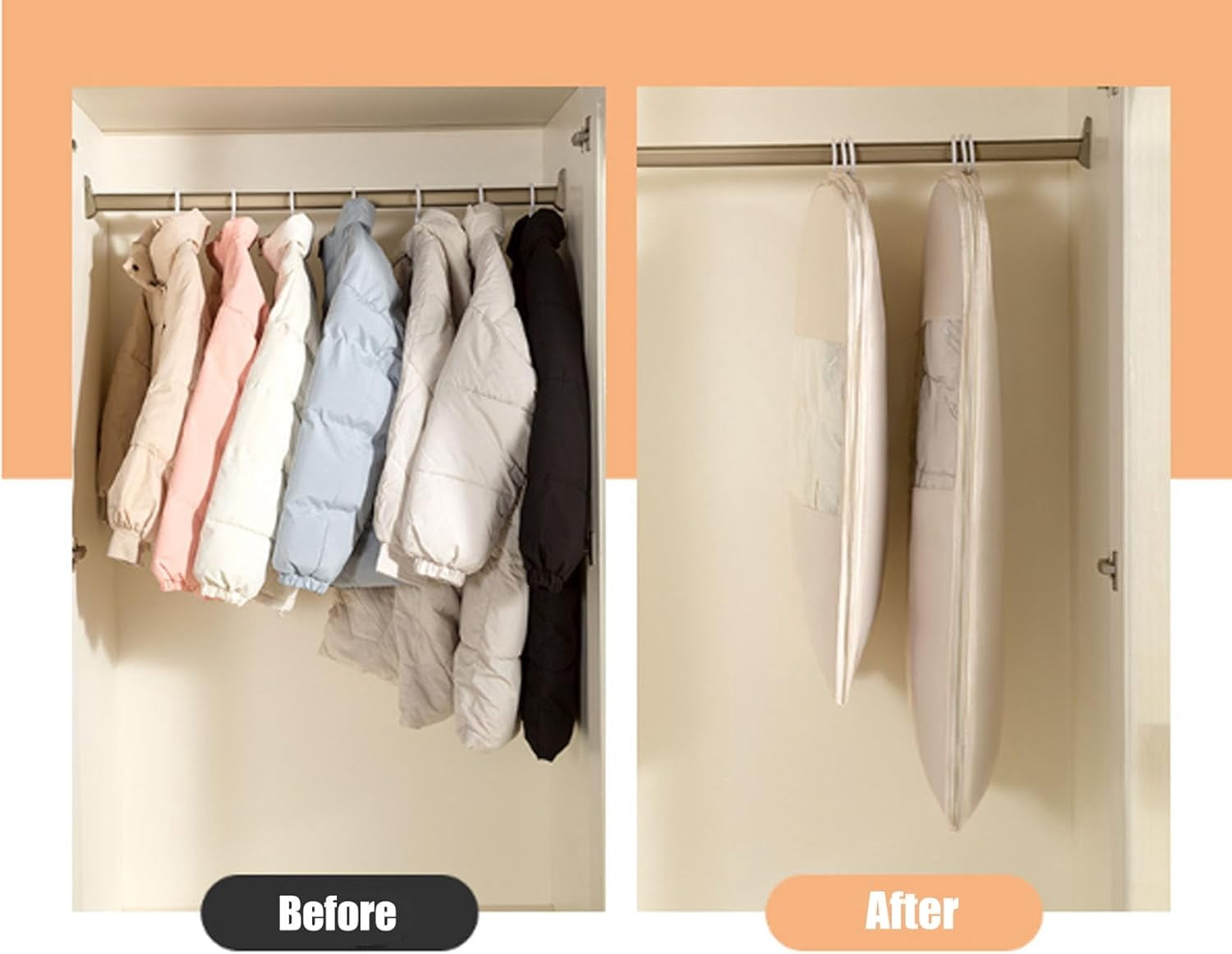 2026 New Space Saving Hanging Garment Bag with Self Compression Zipper, for Down Coats, Suits, Jackets, Closet Organizer (Beige,S)