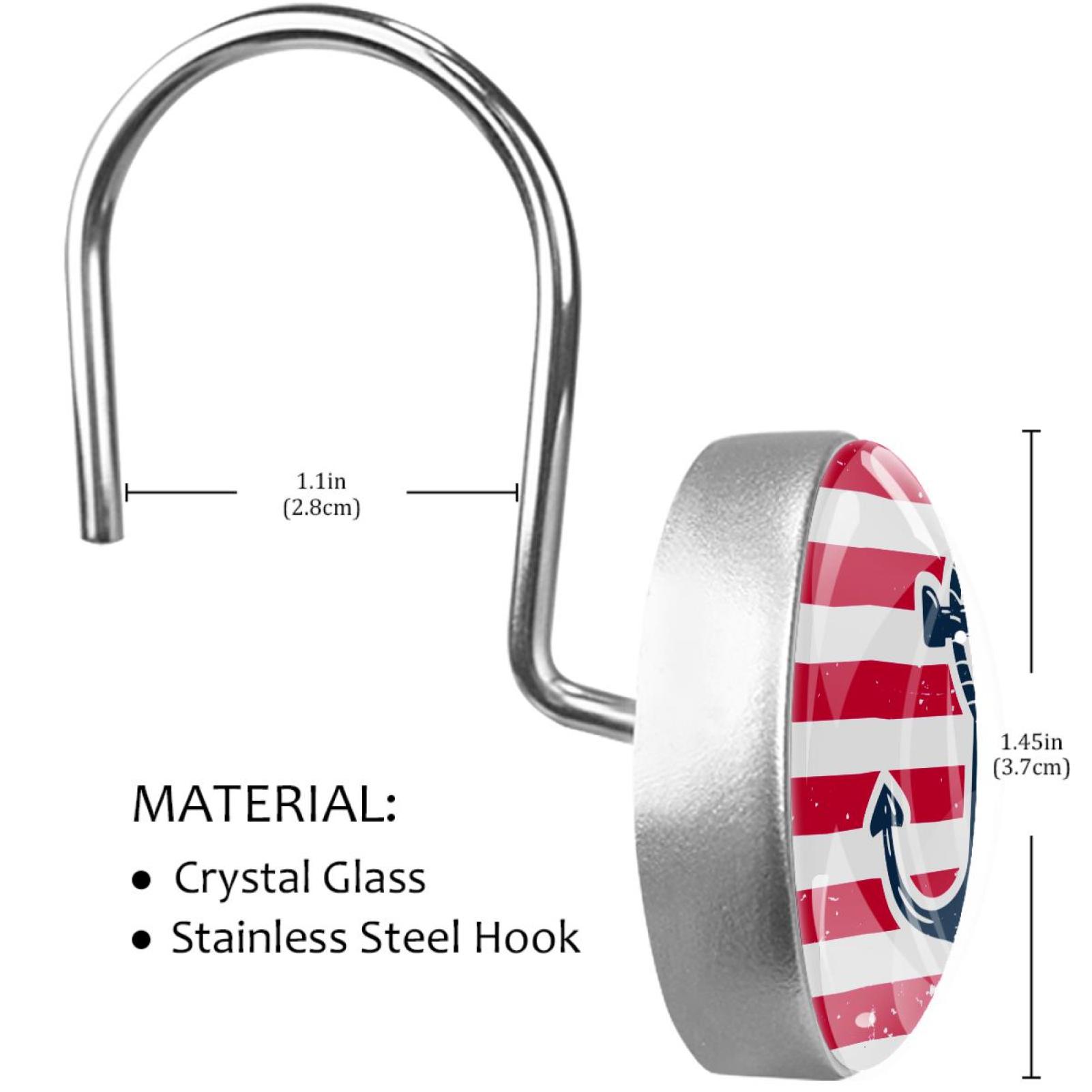 Anchor Shower Curtain Hooks（Set of 12）for Home Hotel Shower Rods Bathroom Crystal Glass Print Stainless Steel Round Curtain Hooks