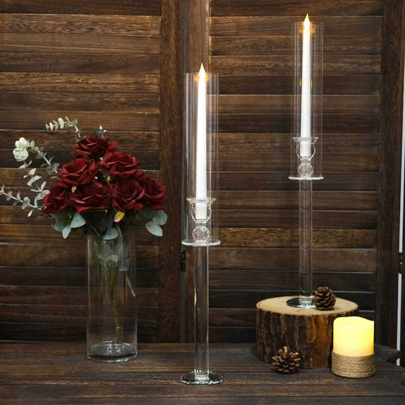 Efavormart 2 Pack | 22" Tall Clear Crystal Glass Hurricane Taper Candle Holders With Cylinder Chimney Tubes