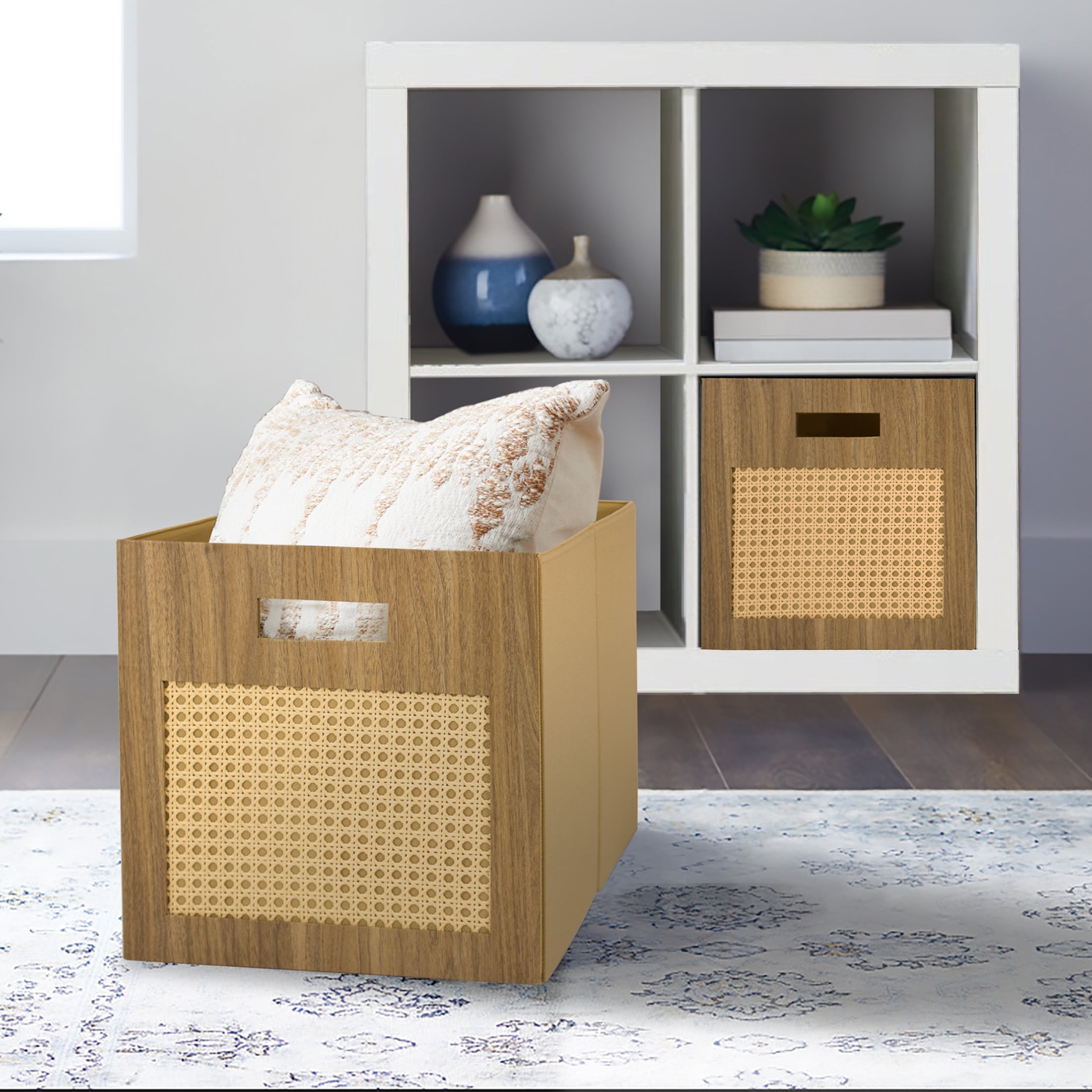Better Homes & Gardens Fabric Cube Storage Bins, Honey with Caning, 2 Pack, 12.75 in x 12.75 in x 15 in