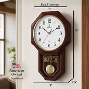 Pendulum Wall Clock - Decorative Wood Wall Clock with Pendulum - Schoolhouse Clock Regulator Design, Battery Operated & Silent, Wooden Pendulum Clock 18x11