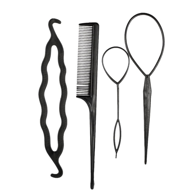 Juego de 4 accesorios para peinados: horquillas grandes y pequeñas, enrollador de cabello y peine. Ideal para moños y recogidos. Herramientas esenciales para estilos DIY.