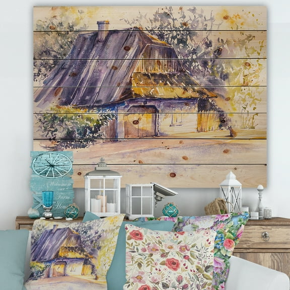 Designart 'Old Wooden White House In Country Side Village During Afternoon Glow' Traditional Print on Natural Pine Wood