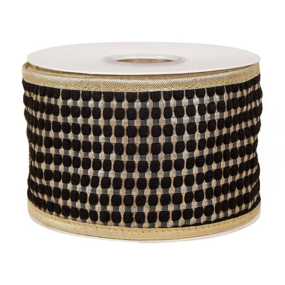 3 in. Carmel Jacquard Double Sided Black Ribbon with Gold Piping