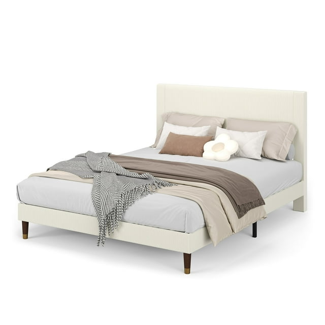 Modern Corduroy Upholstered Platform Bed Frame with Headboard – Wooden Slats Support, Noise-Free, Easy Assembly – No Box Spring Needed – Modern Style Inspired Style Inspired, FULL Size
