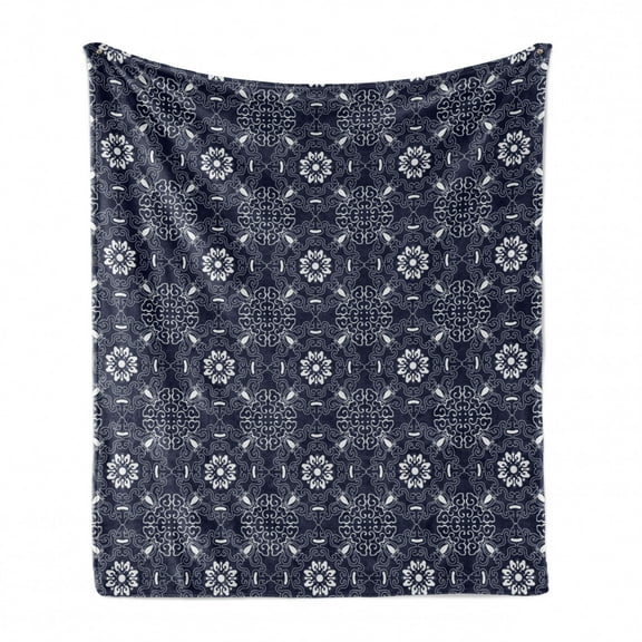 Oriental Soft Flannel Fleece Throw Blanket, Flourishing Vintage Style Pattern of Spirals Curves and Strokes, Cozy Plush for Indoor and Outdoor Use, 70" x 90", Dark Violet Blue Pearl, by Ambesonne