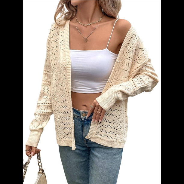 Suéter Tipo Cárdigan de Otoño para Mujer, Fresco y Versátil, Informal, Retro, con Escote en V, de Crochet , en Color Liso. Albaricoque Beige M