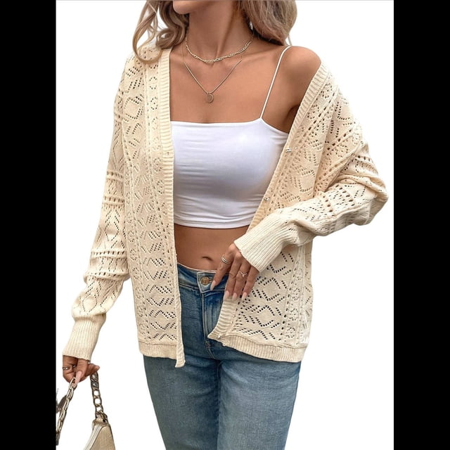 Suéter Tipo Cárdigan de Otoño para Mujer, Fresco y Versátil, Informal, Retro, con Escote en V, de Crochet , en Color Liso. Albaricoque Beige S