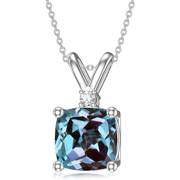 Divine_creation 3.00 Ct Cushion Cut Alexandrite Womens Pendant with Chain 14K White Gold Plated 925 Sterling Silver