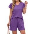 thumbnail image 4 of MOSHU Womens Pajamas Sets V Neck Tops and Drawstring Shorts Sets with Pockets Two Piece Lounge Sets Oufits, 4 of 12
