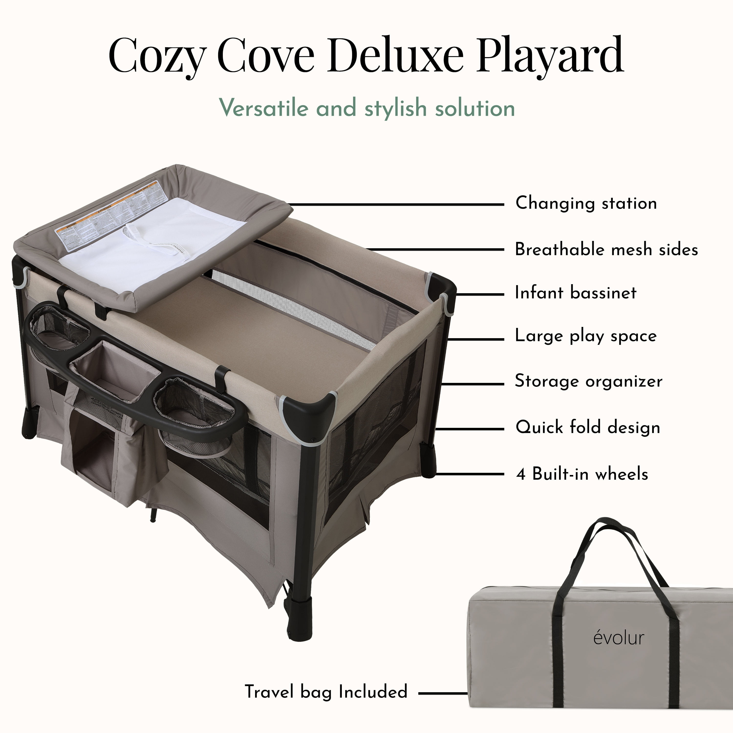 Evolur Cozy Cove All-in-One Portable Playard Beige with Bassinet & Changing Table – Quick-Fold Travel Playard with Breathable Mesh Sides, Travel Bag Included