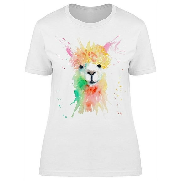 Smartprints Womens Graphic Tee White - Watercolor Llama Splashes 100% Cotton Regular Fit