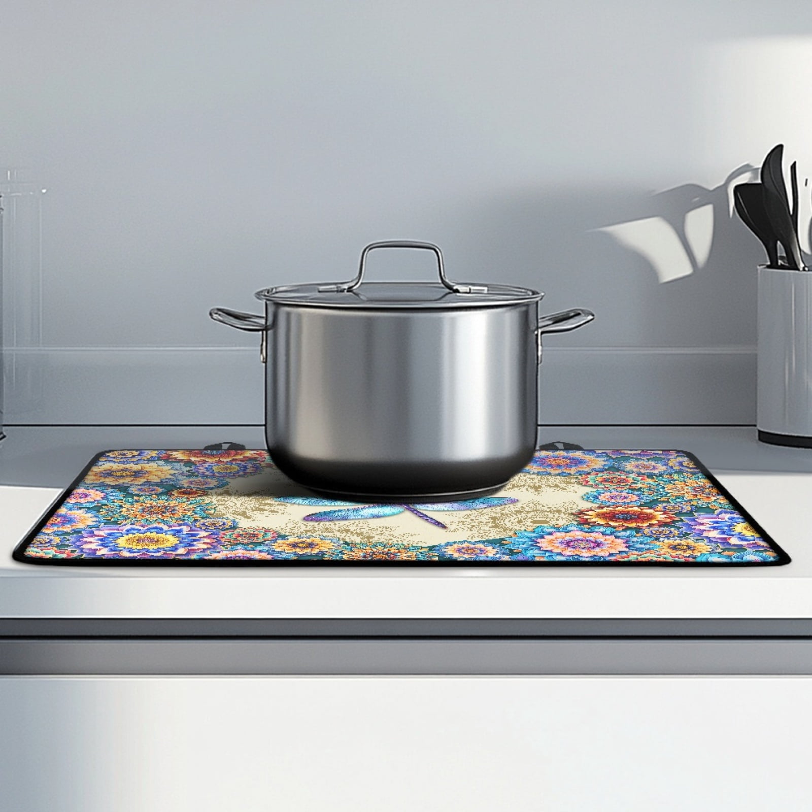 Renewold Stove Top Cover for Electric Stove, Stove Mat for Glass Stove Top, Heat Resistant Oil Resistant Cooktop Protector Cover for Kitchen Decor, Dragonfly Bohemian Flower