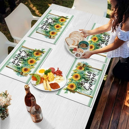 

Placemats Set of 6 Summer Sunflowers Floral Leaves Vases Flowers Green Striped Burlap Placemat Heat Proof Non Slip Place Mats for Kitchen Dining Table 19X13 Inch