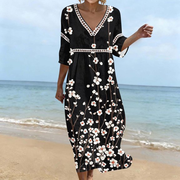 Ayolanni Dresses for Women 3/4 Sleeve V-Neck Floral A-Line Maxi Dress Vacation Casual Cotton Flowy Long Dress Black L