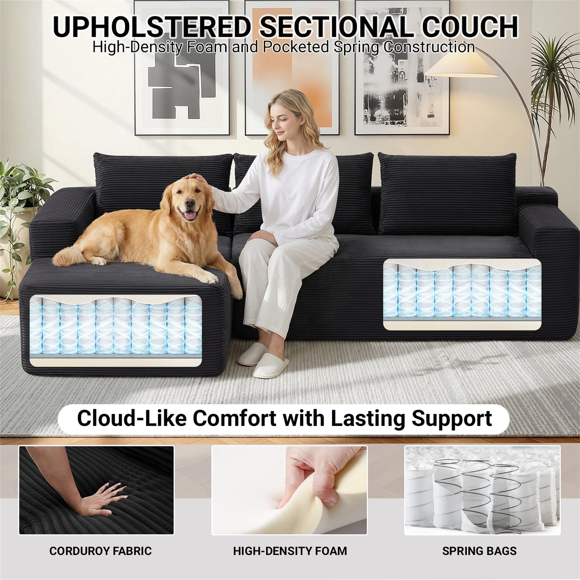 Aukfa 95" Cloud Sectional Sofa Deep Seat Boneless Couch Modular L-Shaped Couch, Left Chaise Corduroy Sofa for Living Room, Black