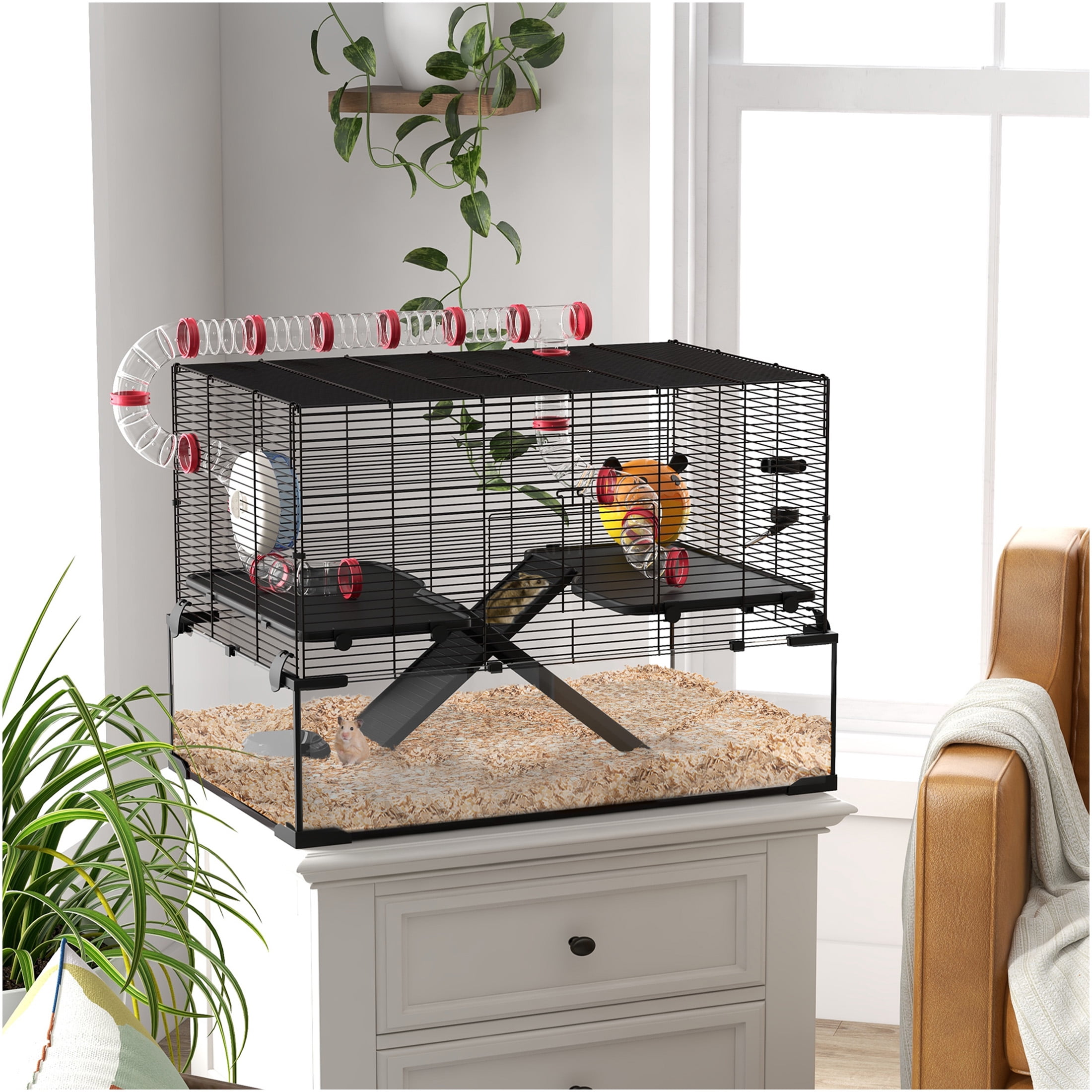 JERFIT 31" Large Hamster Cage with Tubes, Deep Base Glass Tank Habitat with Wheel, Water Bottle, Food Dish for Dwarf Hamster, Gerbil, Mouse or Rat