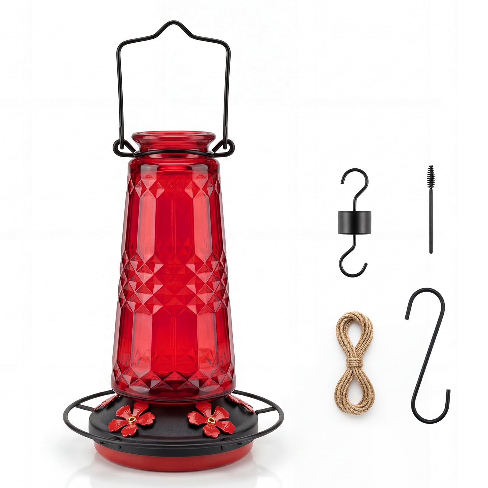 (2 pack) Kingsyard 18.6 oz Red Glass Hummingbird Feeder, 5 Red Ports, Ant Moat Included