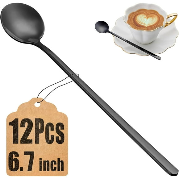 12 Pcs Teaspoons Set, 6.7 Inch Black Tea Spoons Long Handle, Stirring Spoons, Black Small Teaspoons, Food Grade Stainless Steel Black Spoons, Long Spoons for Stirring, Black Metal Espresso Spoons