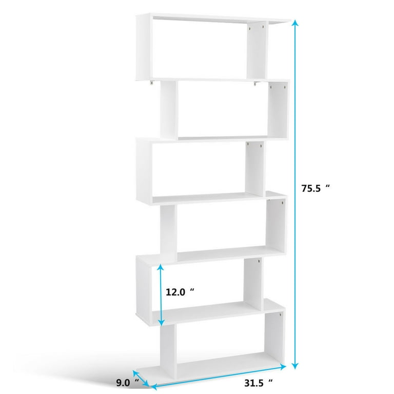 Gymax 6-Tier S-Shaped Modern Bookshelf, White Bookcase with