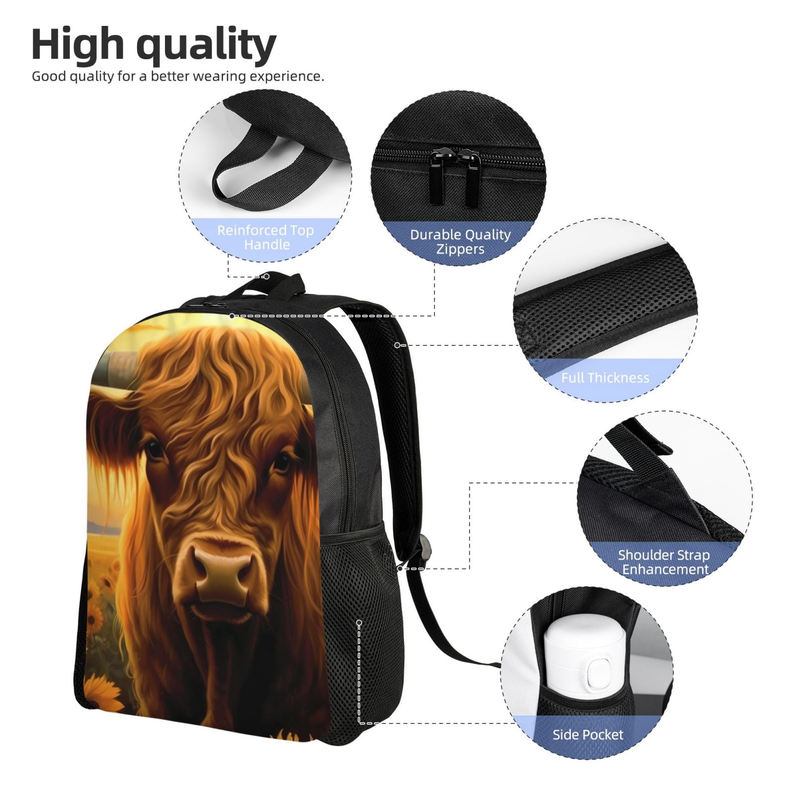 Xecao Sunset Sunflower Cow A Print School Backpack with Laptop Compartment Small Travel Laptop Backpack for Women Men Waterproof College Backpack Simple School Bag