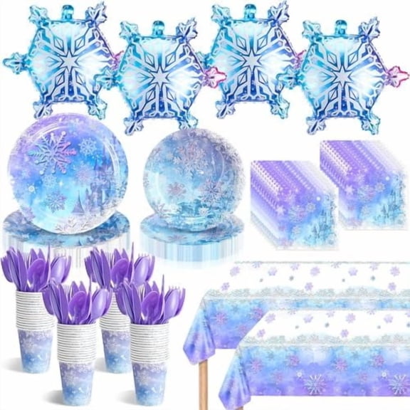 216 pCS sNOWFLAKE pARTY dECORATION sET bIRTHDAY pARTY sUPPLIES iNCLUDES pAPER pLATE nAPKIN cUP cUTLERY pLASTIC dISPOSABLE tABLECLOTH gLITTER sNOW fOIL bALLOON wINTER hOLIDAY sERVE 30