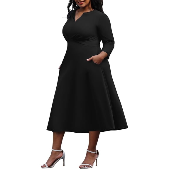 AURA Women's Plus Size Stretchy Flared Wrap Dress Casual Wedding Guest Midi Dresses V Neck 3/4 Sleeve A-Line Swing Dress