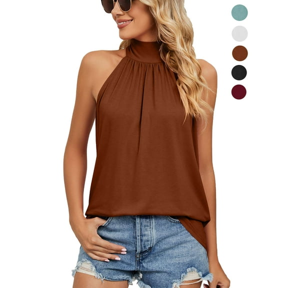LAVA Women's Sleeveless Tie Halter Neck Summer Tops Casual Tank Top Blouse Shirts (Brown, XL)