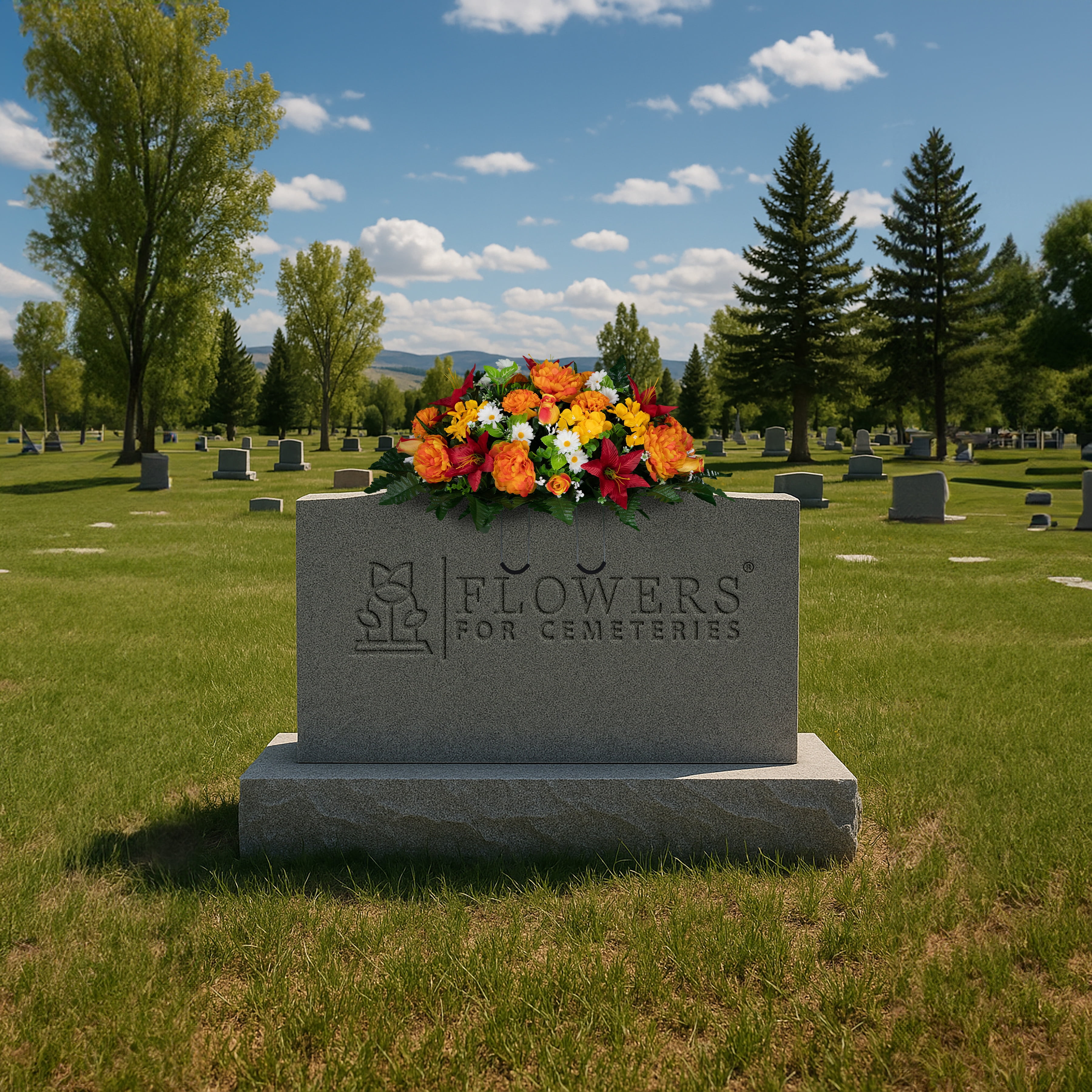 Sympathy Silks Artificial Cemetery Flowers - Red Lily and Sunrise Peony - Outdoor Saddle for Headstone