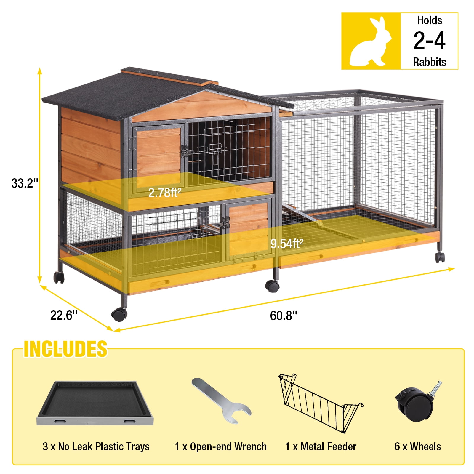 AIVITUVIN 2-Story Rabbit Hutch with Chew-Proof Full Metal Frame for Indoor/Outdoor - 62" Bunny Cage with 6 Locking Casters & 2 Pull-Out Trays for Rabbits, Guinea Pigs, Small Pets (Brown)