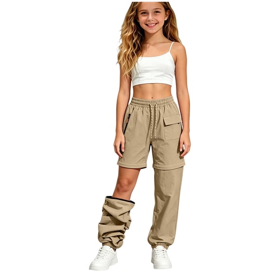 NOEGOEU Girls Cargo Pants Kids Convertible Waterproof Zip-Off Hiking Pants with Drawstring & Pockets (Khaki,13-14 Years)