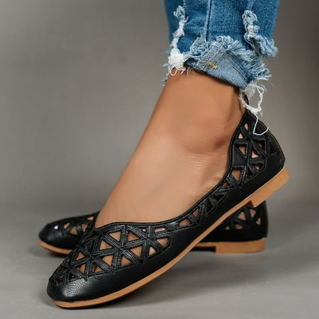 

Women‘s Black Hollow Cut Flats Shoes Comfortable Embroidered Slip-on Loafers Casual Non-slip Walking Shoes