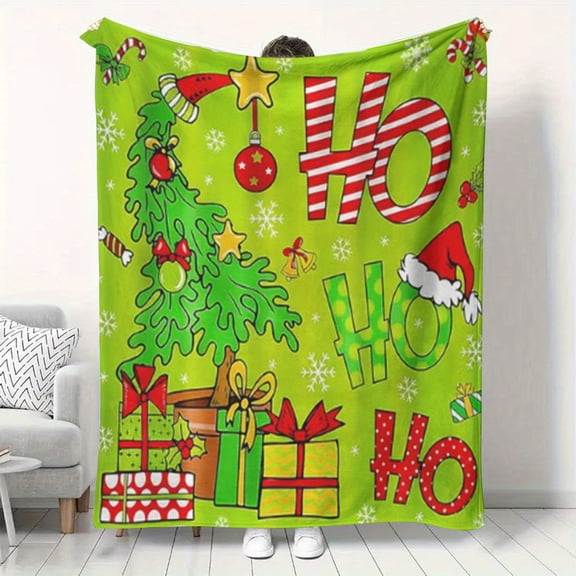 Festive Christmas Throw Blanket - Soft Flannel All-Season Cozy Green & Red Plaid Pattern with HO HO HO Lettering, Snowflakes, Candy Canes & Gingerbread Men - Lightweight Warm Gift for Couch, Bed, Tra