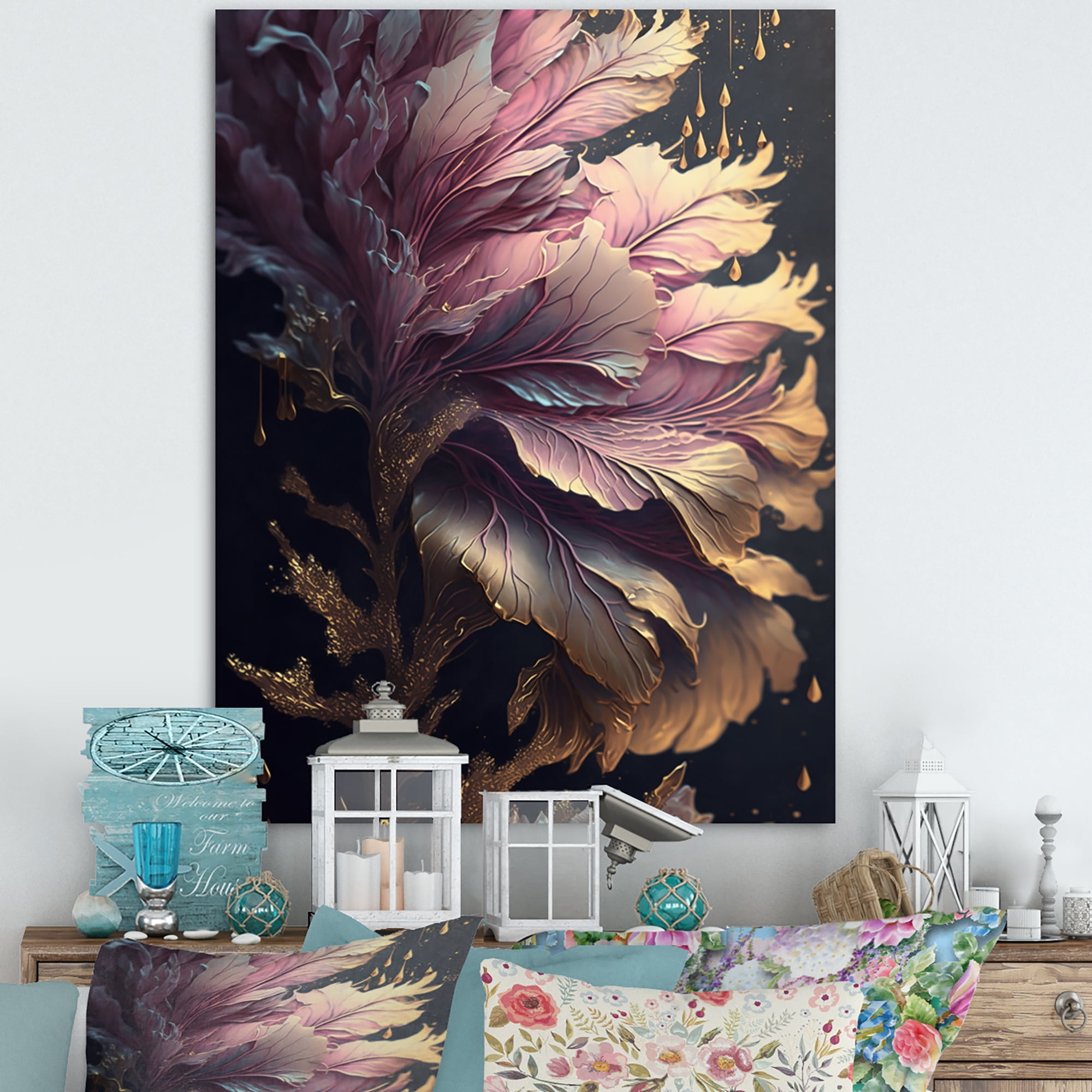 Designart Abstract Pink And Gold Leaves III Canvas Wall Art