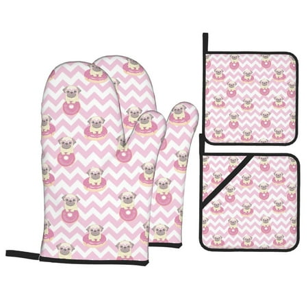 

Oven Mitts and Pot Holders Sets 4 pcs - Pug And Donut Heat Resistant Silicone Oven Gloves with Non-Slip Silicone Surface and hot pads for kitchen Baking Cooking BBQ