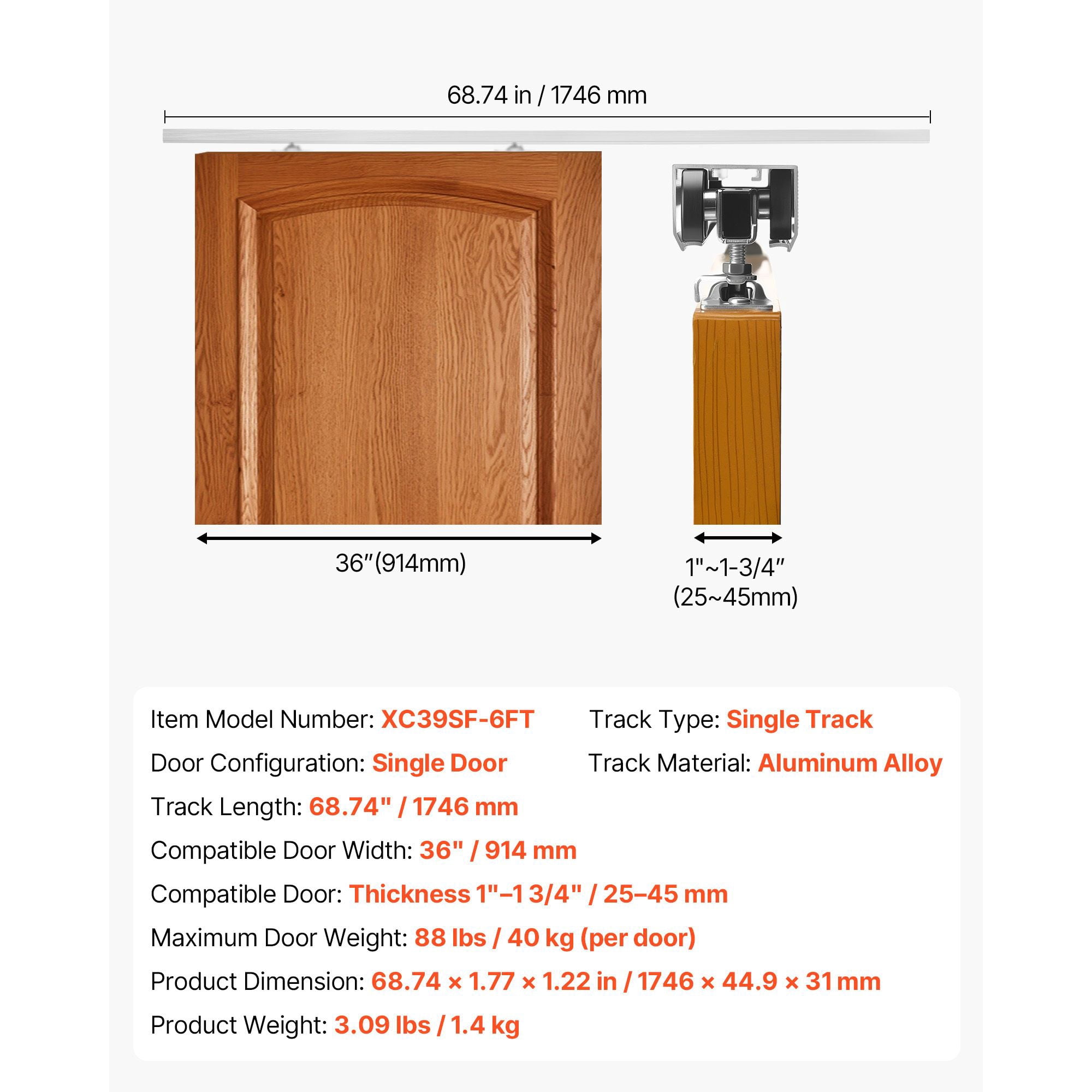 Pocket Door Track Kit 68.74 Inch Soft-Close Aluminum Alloy for 36 Inch Wide Doors Bedroom Closet