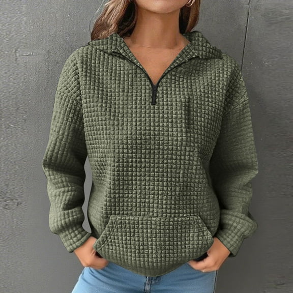 JUSLIO Cotton Blouses for Women Zipper Relaxed Fit Sweatshirts Solid Long sleeve Collar Sweatshirts Army Green L