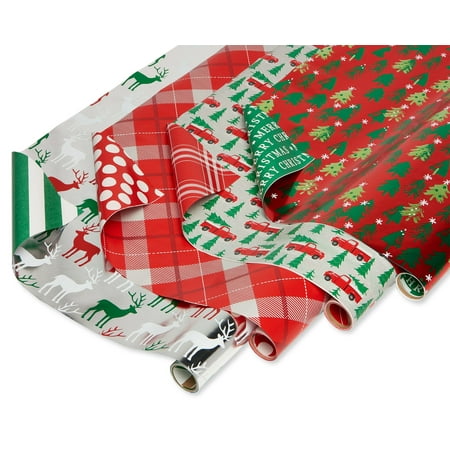 American Greetings Christmas Reversible Wrapping Paper, Stripes, Polka Dots, Plaids, Reindeer, Retro Trucks, Trees and Christmas Lettering, 4-Rolls, 120 Total Sq.