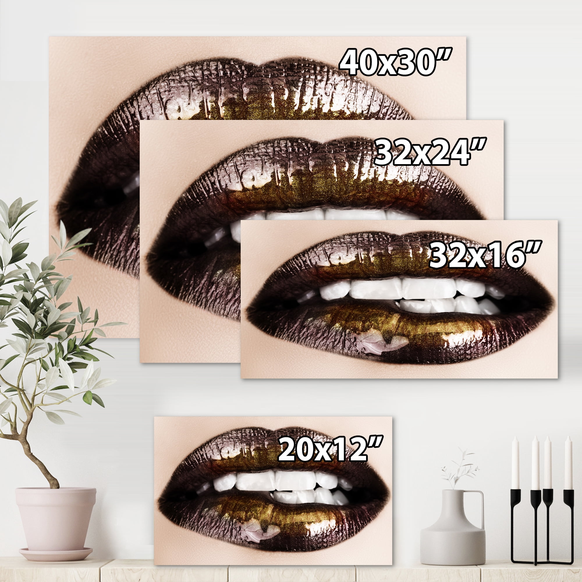 Designart ' Gold Black Lips Biting ' Modern Canvas Wall Art Print