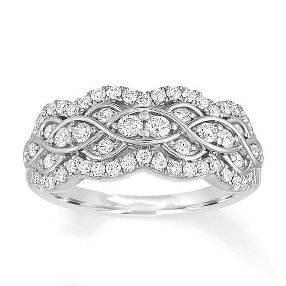 Vintage Half Eternity Diamond Wedding Band, Pave Set Diamond Engagement Ring, Wavy Criss Cross Shank Diamond Ring, 14K White Gold Plated, 2.1 Ct Simulated Diamond, Gift Ring