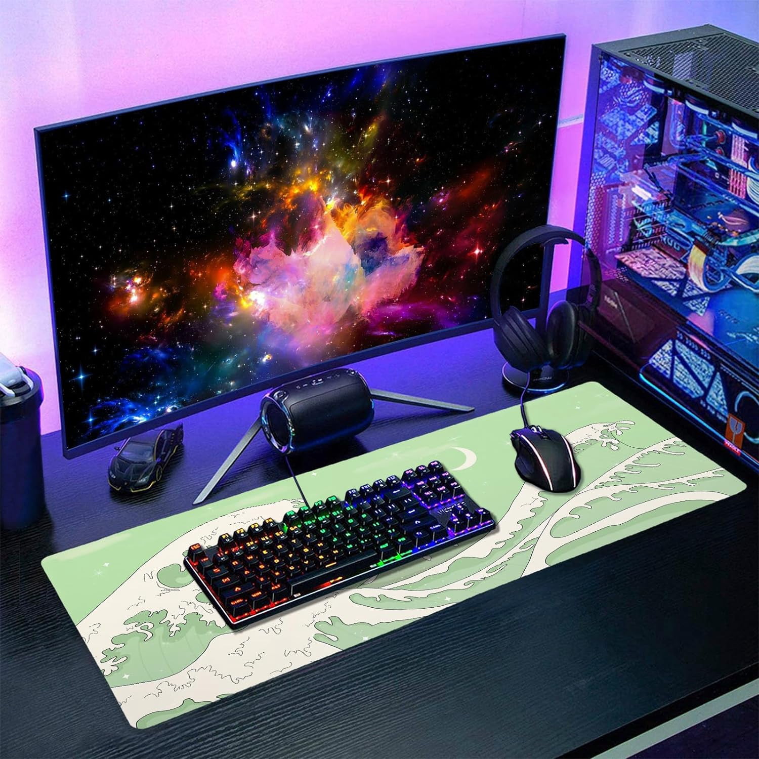 Matcha Green White Japanese Anime Gaming Mouse Pad XL Kawaii Sage Aesthetic Wave Extended Large Desk Mat Non-Slip Rubber Base Stitched Edge Keyboard Mousepad for PC Office Laptop,31.5×11.8 in