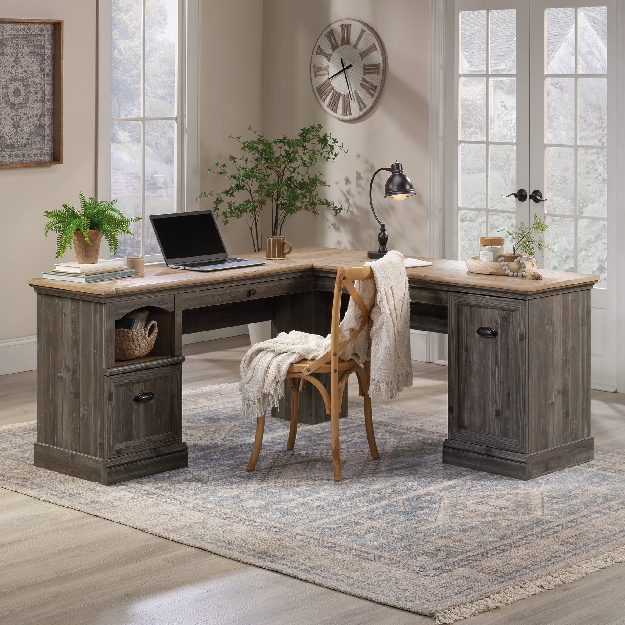 Sauder Sonnet Springs L-Shaped Desk, Pebble Pine Finish
