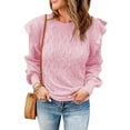 thumbnail image 2 of Duoif Sweaters for Women Trendy Women Casual Sweater Crewneck Ruffle Shoulder Long Sleeve Cable Knit Solid Loose Ribbed Hem Pullover Jumper Top Women's Sweaters Womens Tops Pink XXXL, 2 of 6