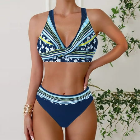 Xixinqiwan No Boundaries Bikinis for Women Women s Floral Printed Bikini Straps Bikini V Neck High Cut Push Up Swimsuit Set 2 Piece Bikinis Swimwear