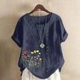 thumbnail image 2 of QIUOMBBP Summer Linen Shirts for Women Short Sleeve Plus Size Crew Neck Floral Print Tops Loose Lightweight Comfy Loungewear Navy XL, 2 of 6