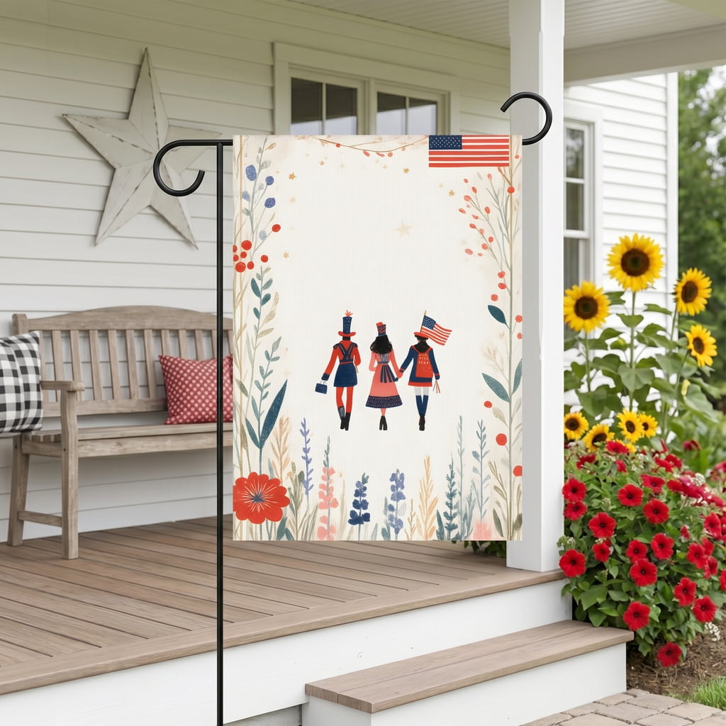 America 250 Garden Flag: A group of people walking through a field of flowers. with America 250 Decorations for July 4th Outside